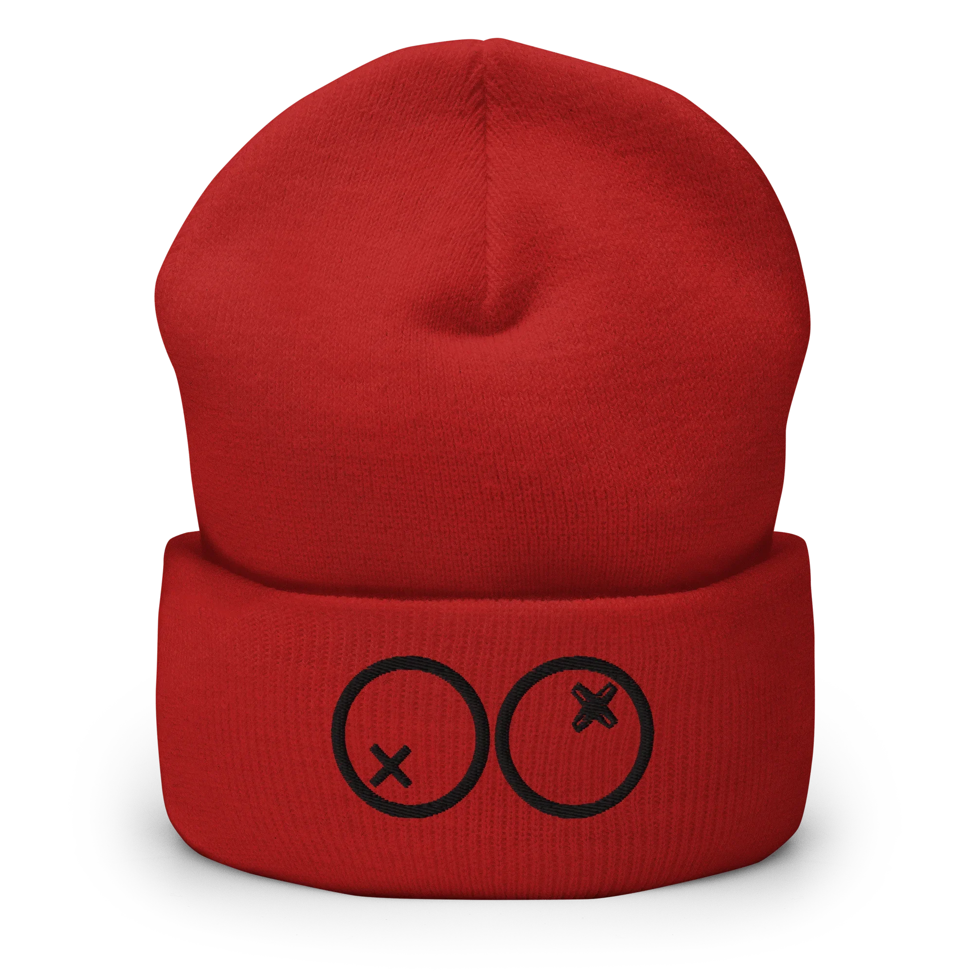 Gorro rojo Doozy Headwear con bordado de dos círculos y cruces en la parte frontal