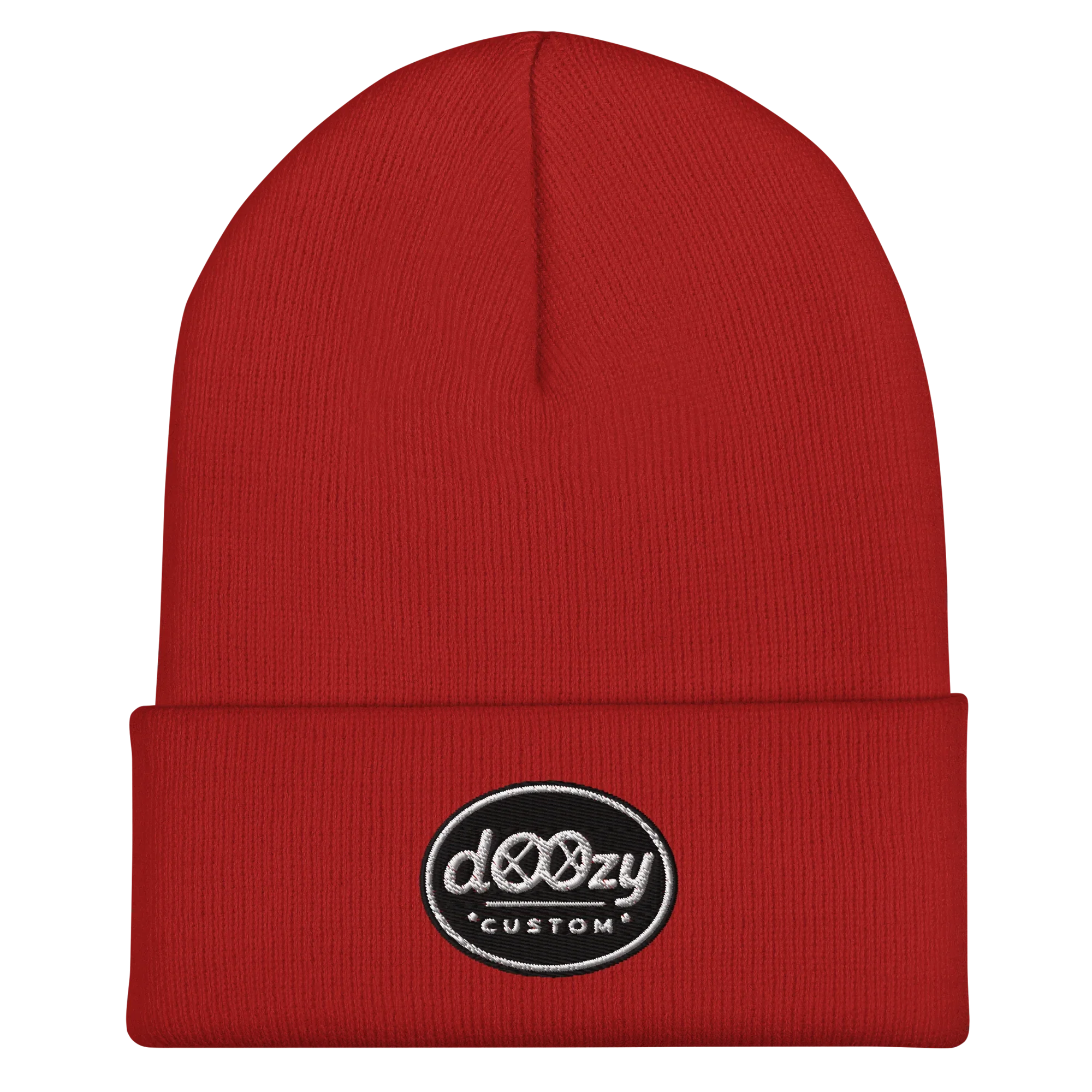 Gorro rojo de punto Doozy Headwear con insignia bordada dOOzy en el frente, tienda oficial