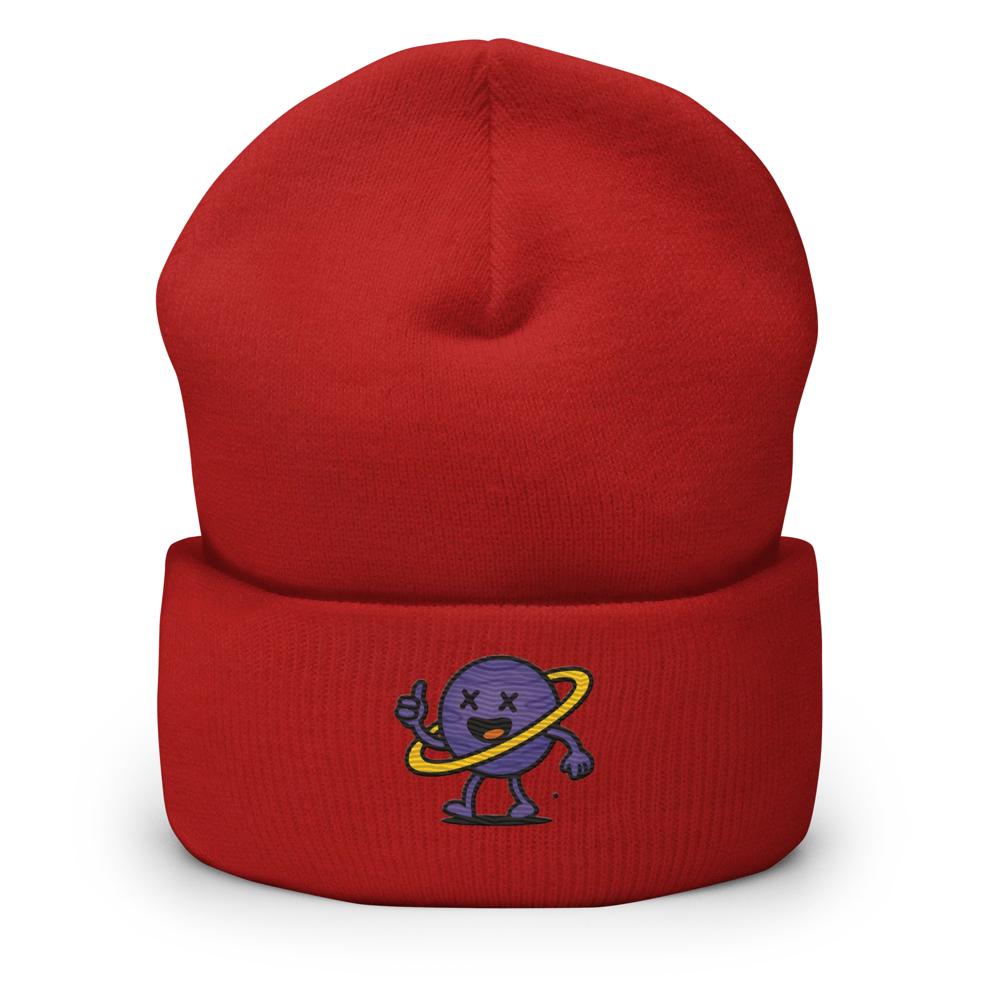 Gorro Doozy Headwear rojo con dibujo bordado de personaje morado y aro amarillo