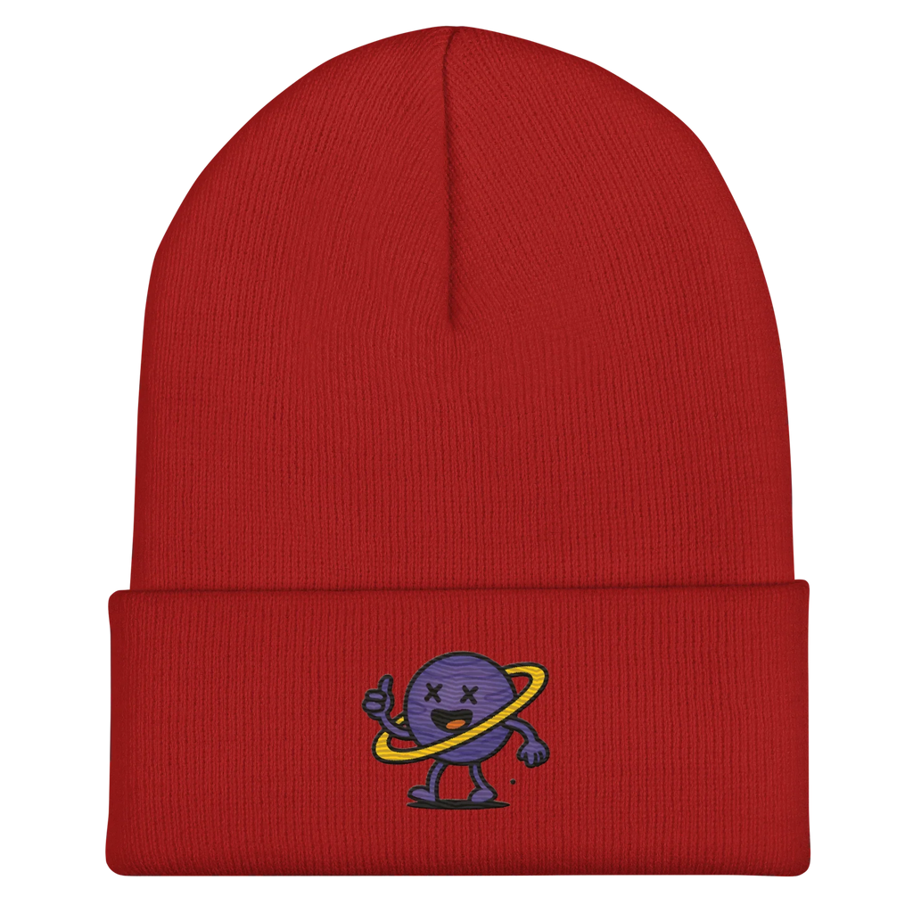 Gorro rojo Doozy Headwear con dibujo de planeta animado en el frente