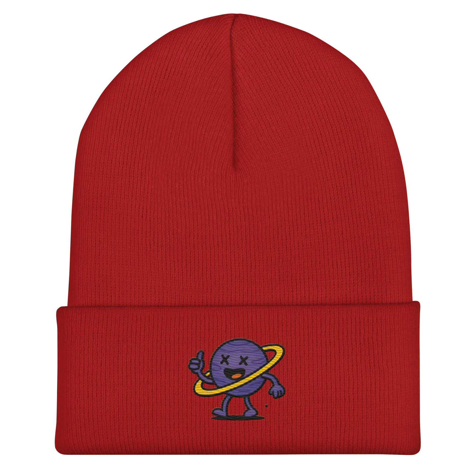 Gorro rojo Doozy Headwear con dibujo de planeta animado en el frente