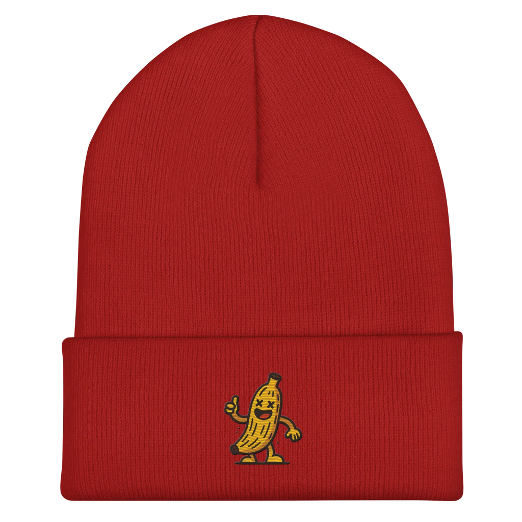 Gorro beanie rojo Doozy Headwear con dibujo de plátano animado bordado al frente
