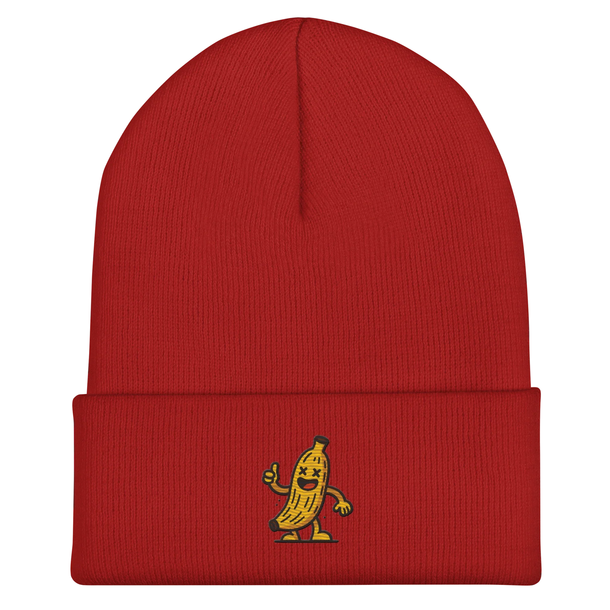 Gorro beanie rojo Doozy Headwear con dibujo de plátano animado bordado al frente