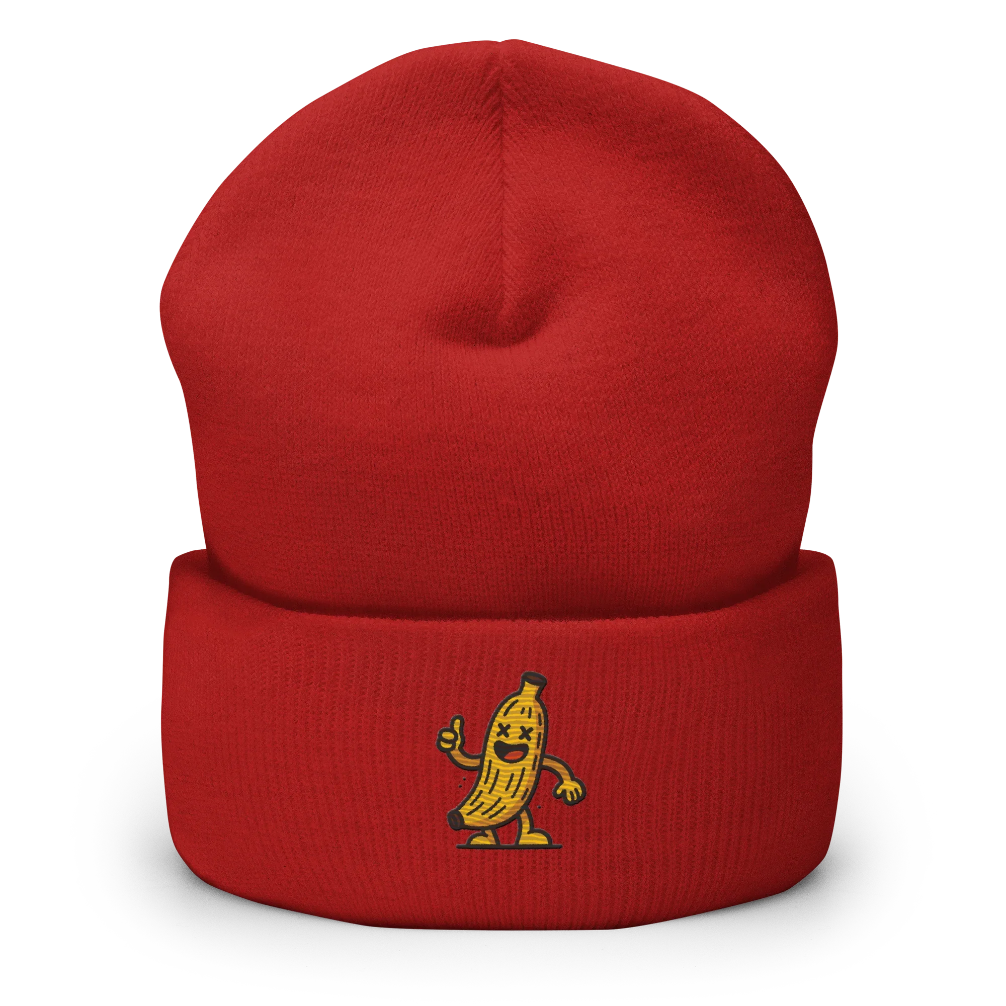 Gorro rojo de Doozy Headwear con diseño de plátano animado bordado al frente