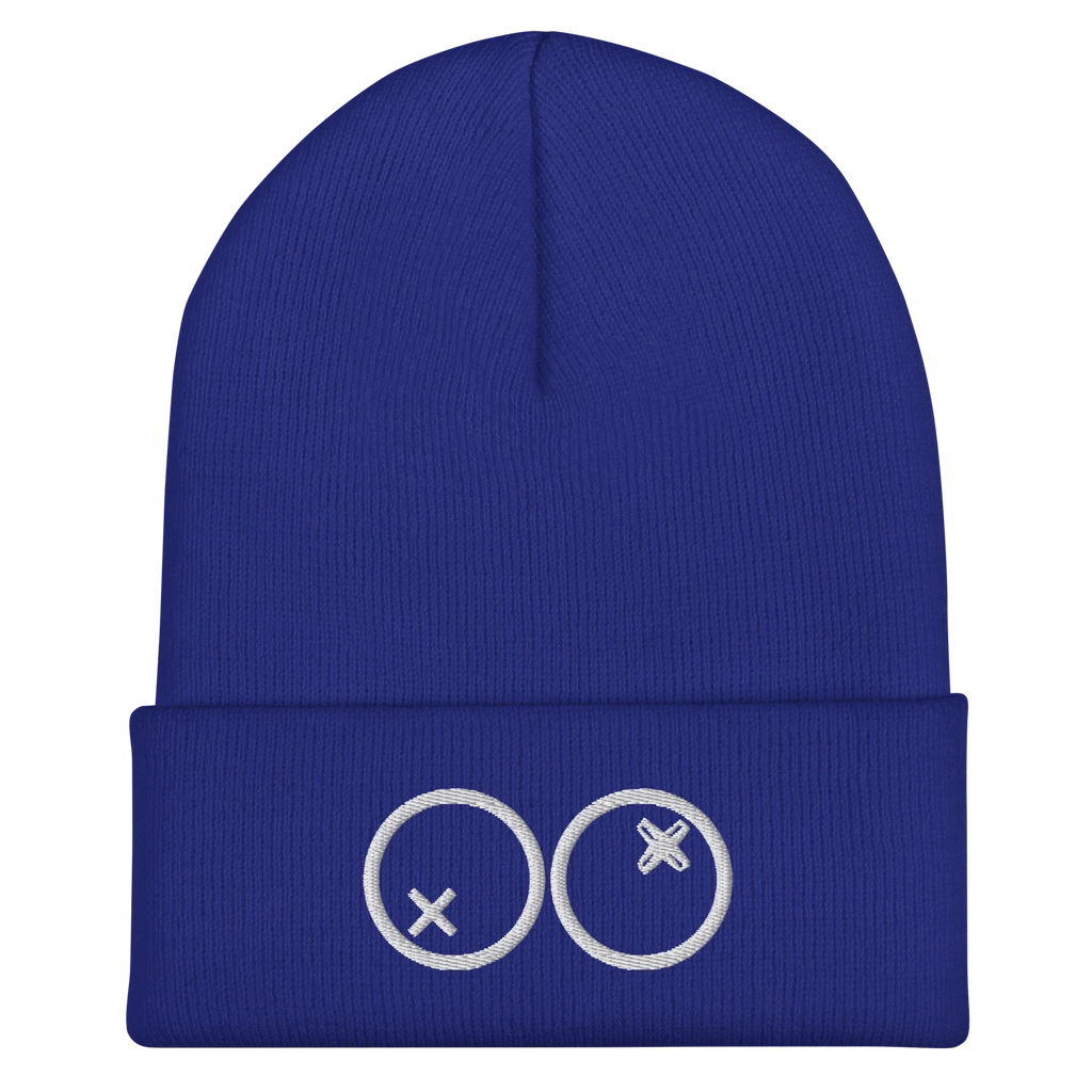 Gorro azul Doozy Headwear con bordado blanco de dos círculos y cruces en el frontal