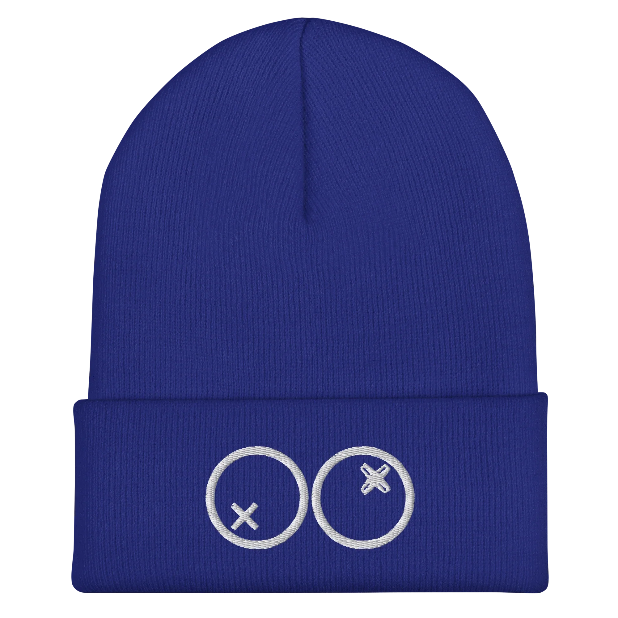 Gorro azul Doozy Headwear con bordado blanco de dos círculos y cruces en el frontal