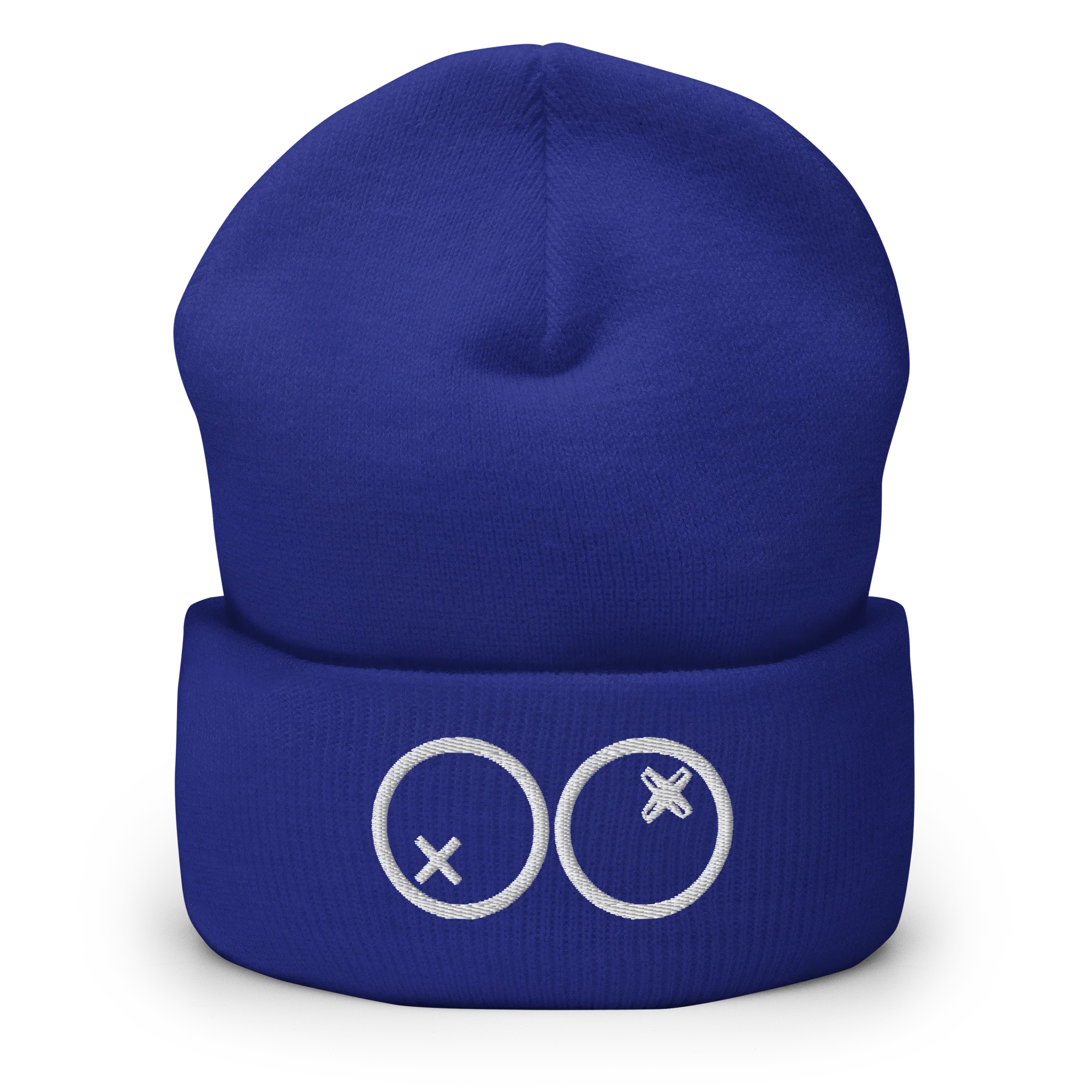 Gorro azul Doozy Headwear con logotipo bordado de dos círculos y cruces en la parte frontal