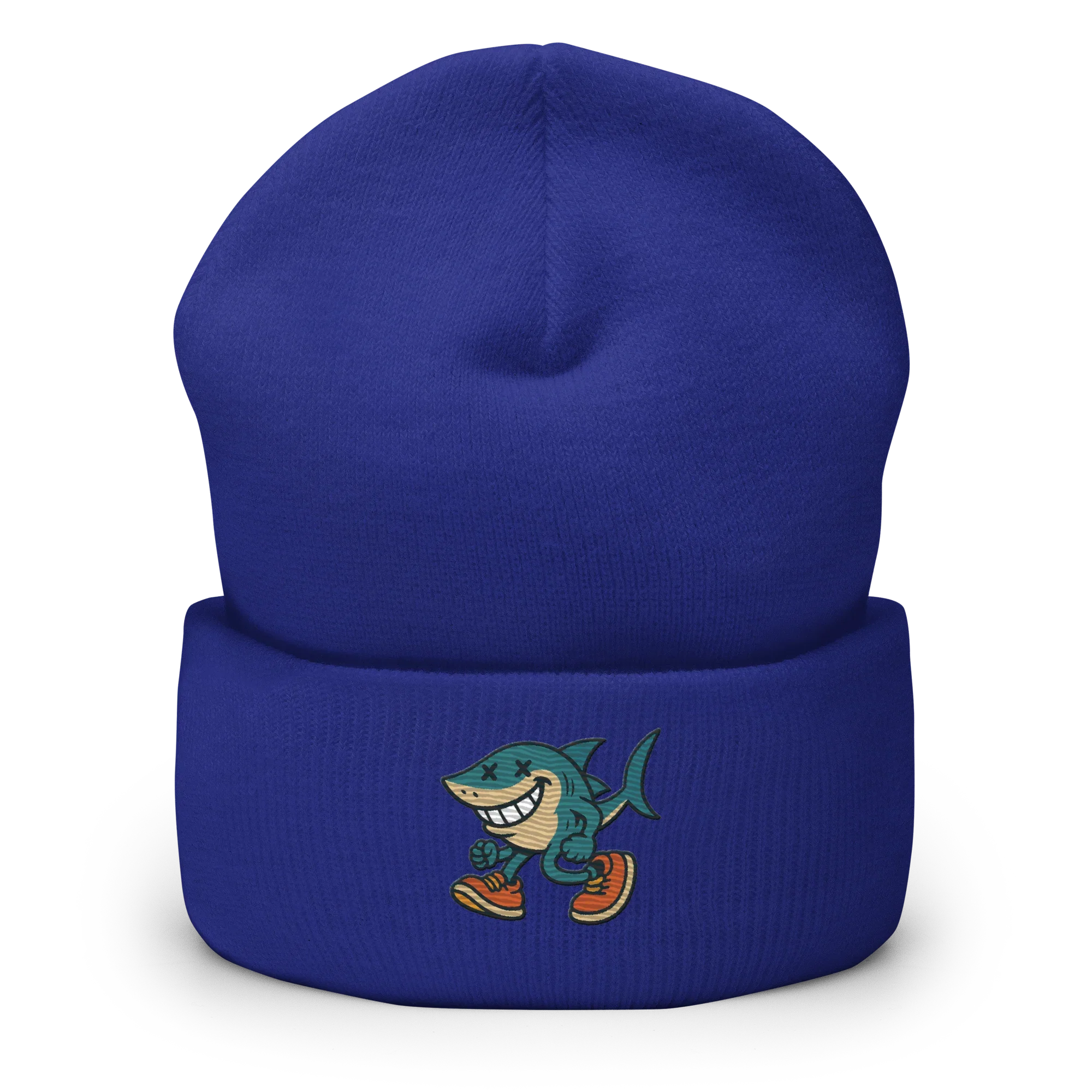 Gorro azul Doozy Headwear con dibujo de tiburón sonriente y tenis, fondo negro