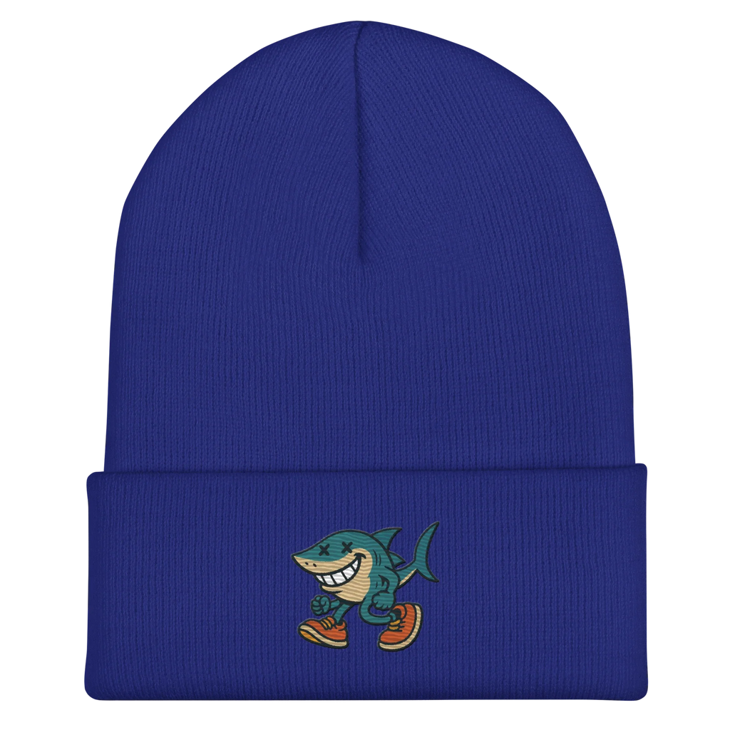 Gorro azul Doozy Headwear con tiburón caricaturesco bordado al frente