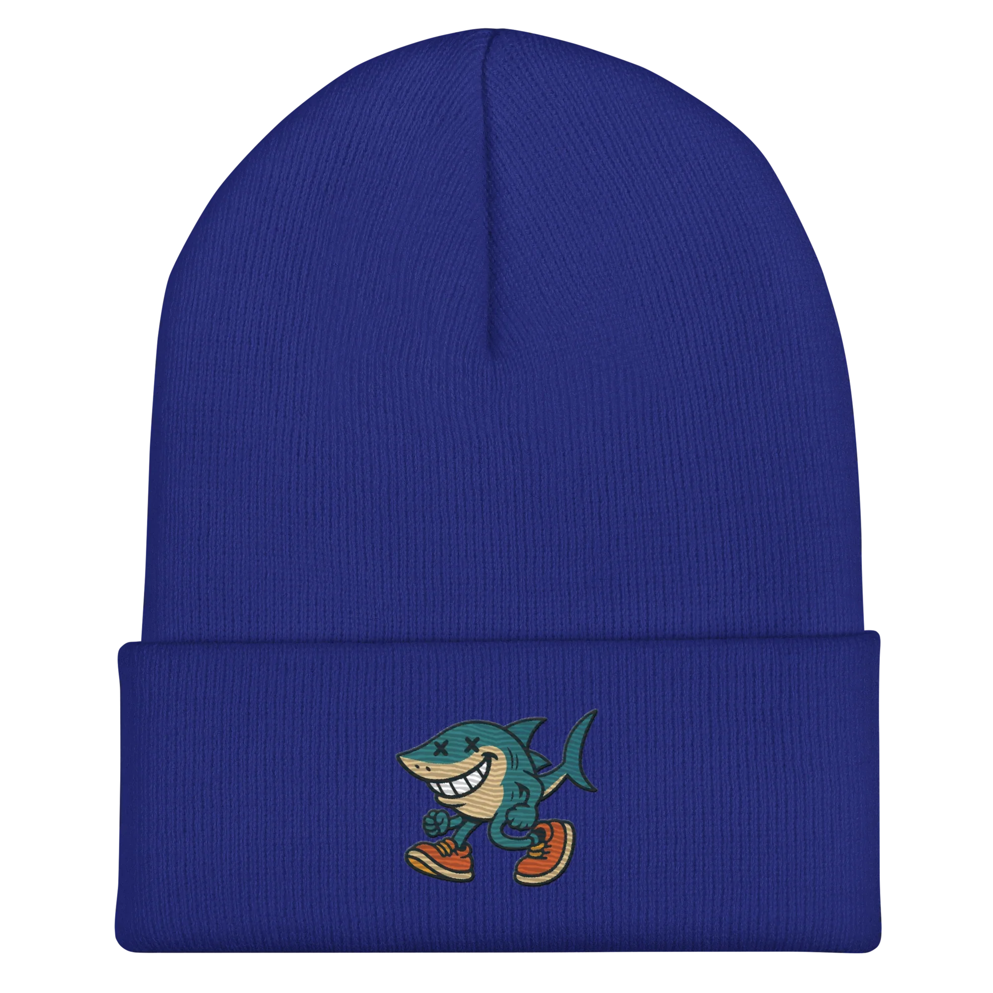 Gorro azul Doozy Headwear con tiburón caricaturesco bordado al frente