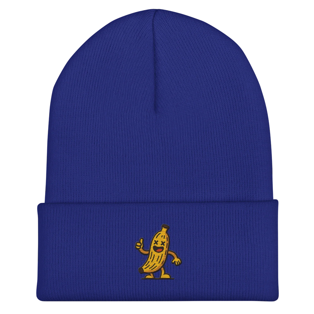 Gorro azul Doozy Headwear con dibujo de plátano animado bordado al frente