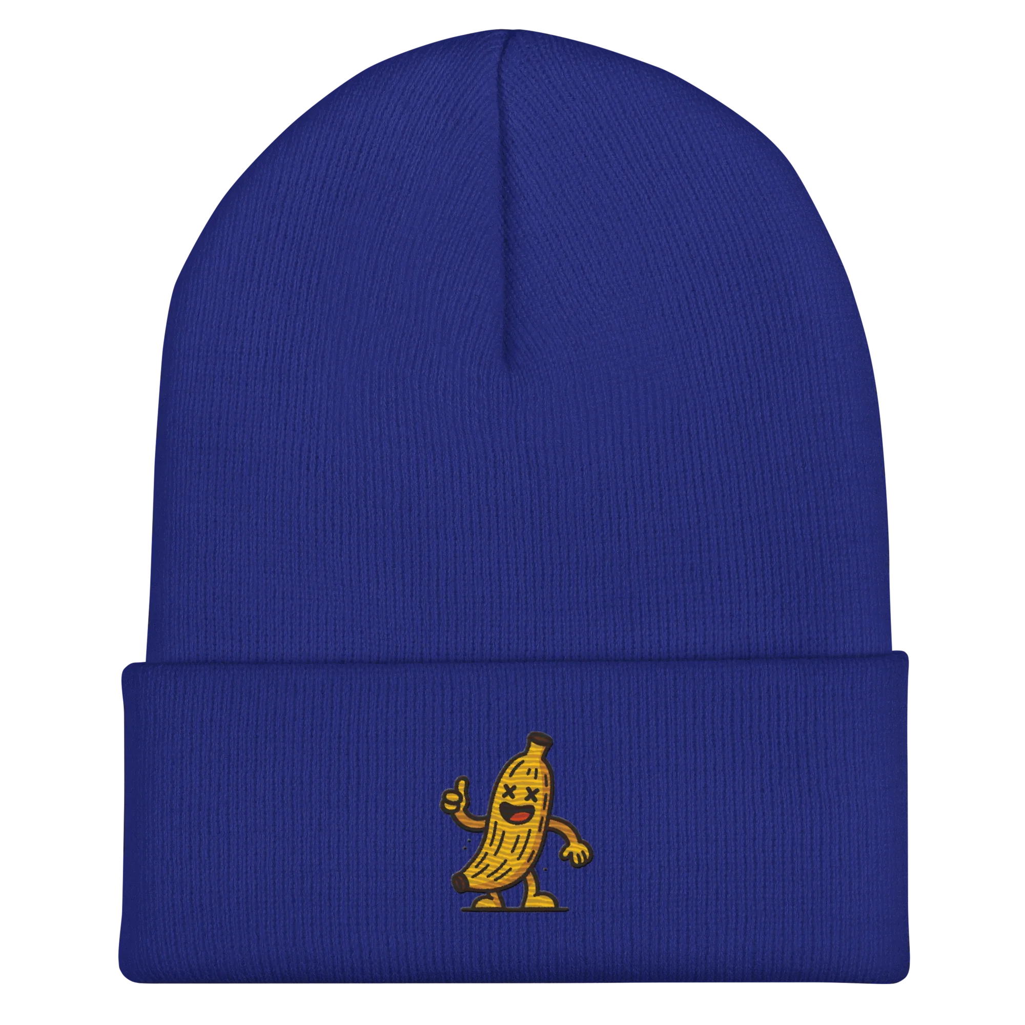 Gorro azul Doozy Headwear con dibujo de plátano animado bordado al frente