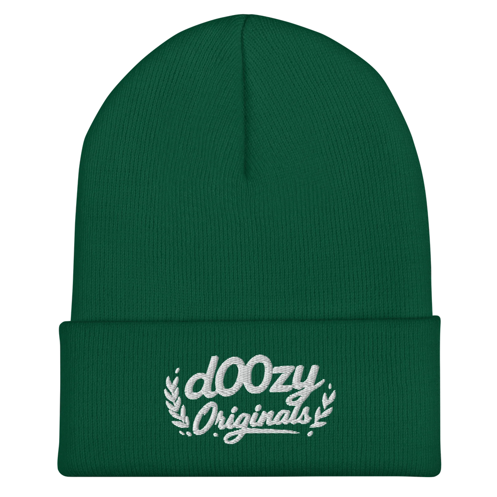 Gorro verde de punto con logo Doozy Originals bordado en blanco, moda urbana de Doozy Headwear
