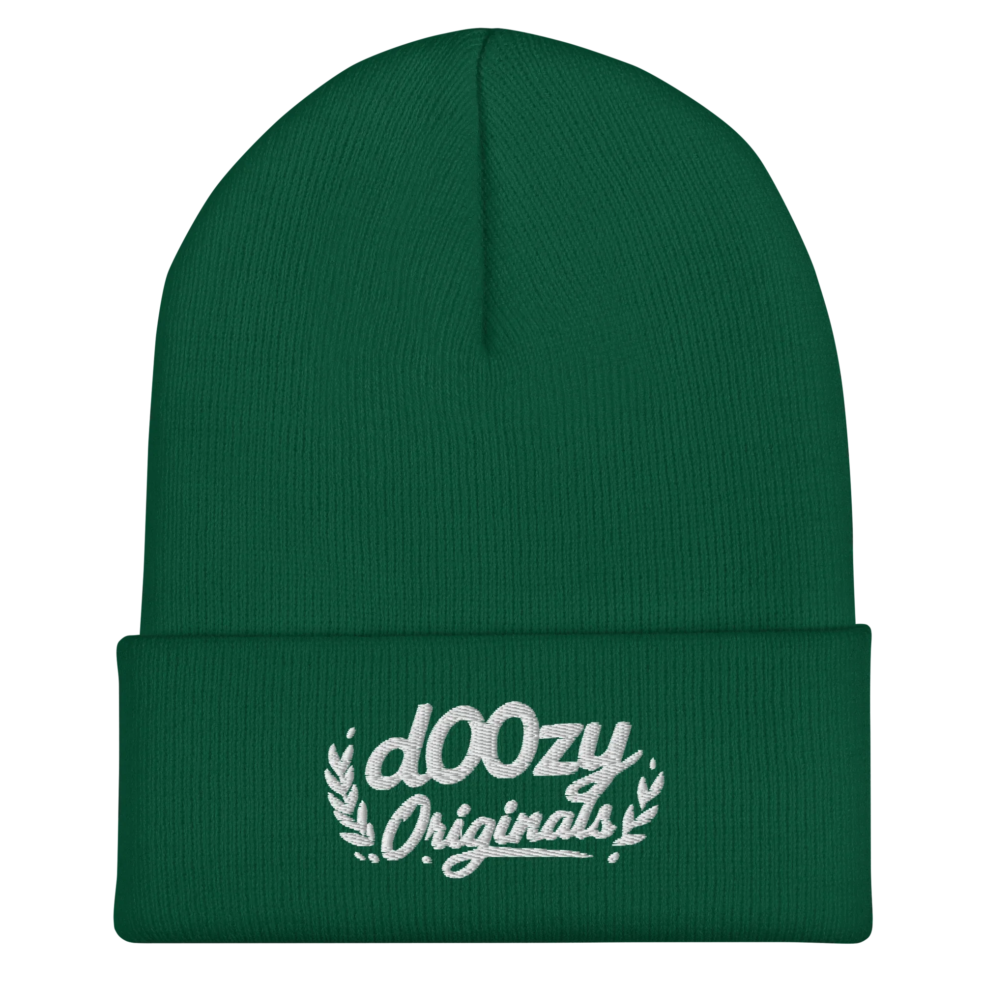 Gorro verde de punto con logo Doozy Originals bordado en blanco, moda urbana de Doozy Headwear