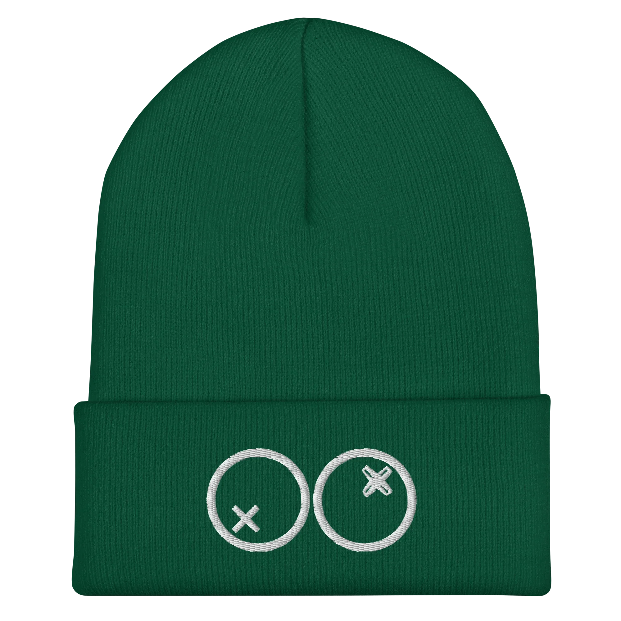 Gorro verde de Doozy Headwear con logotipo bordado de círculos y cruces, fondo neutro