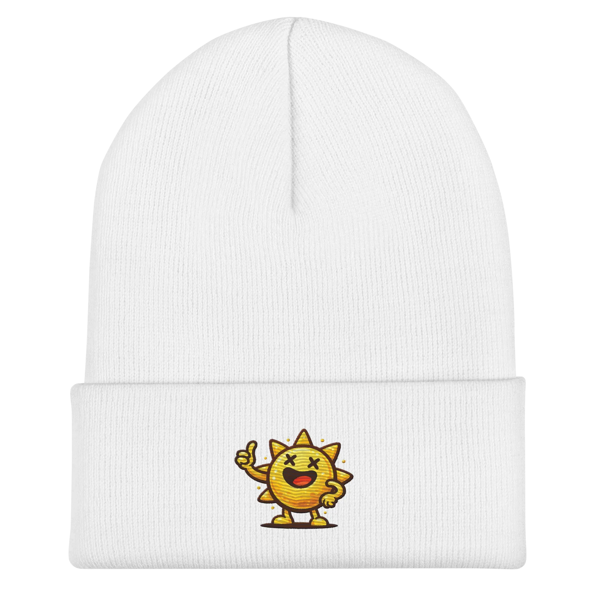 Gorro blanco Doozy Headwear con sol amarillo animado bordado en el frente
