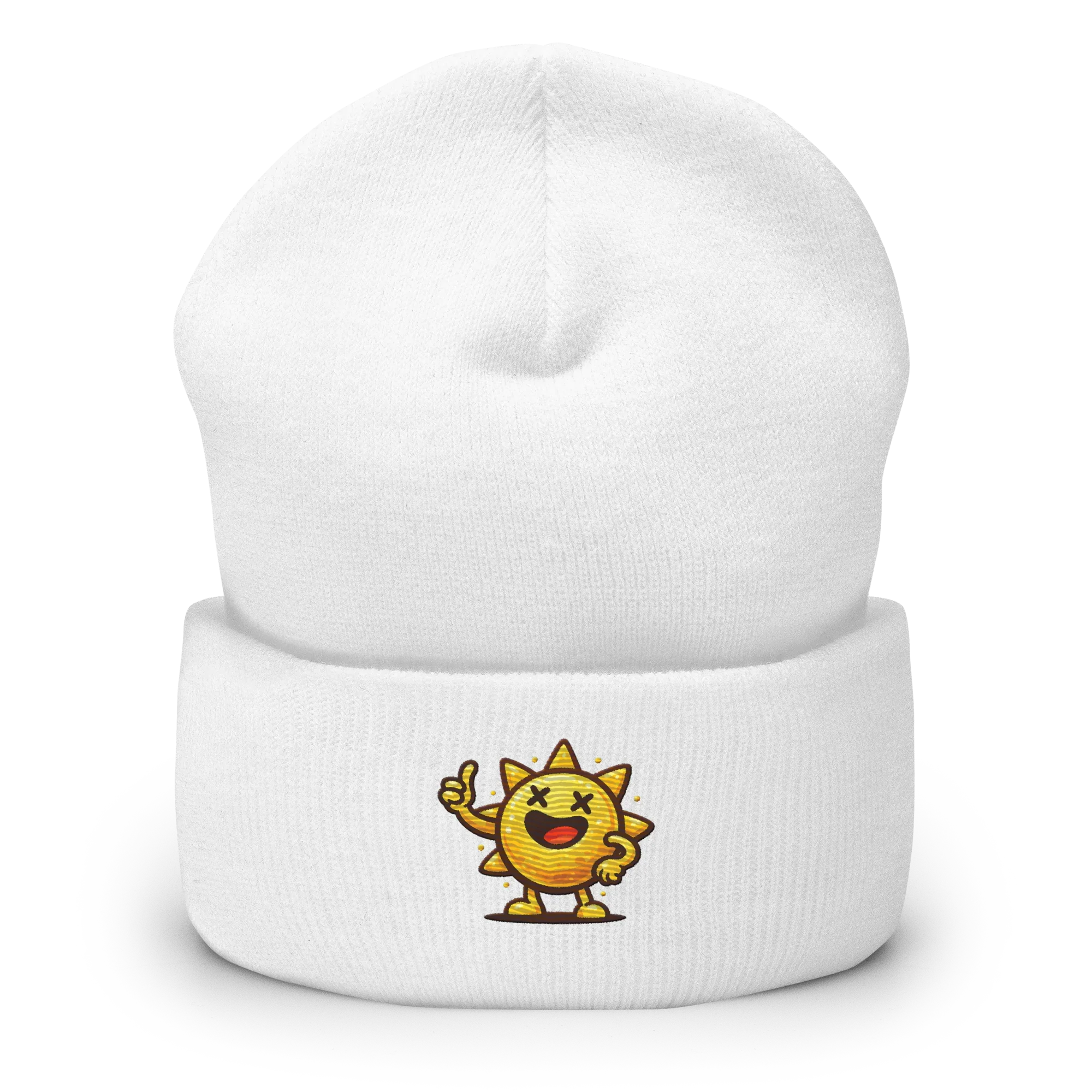 Gorro blanco Doozy Headwear con sol animado amarillo bordado al frente