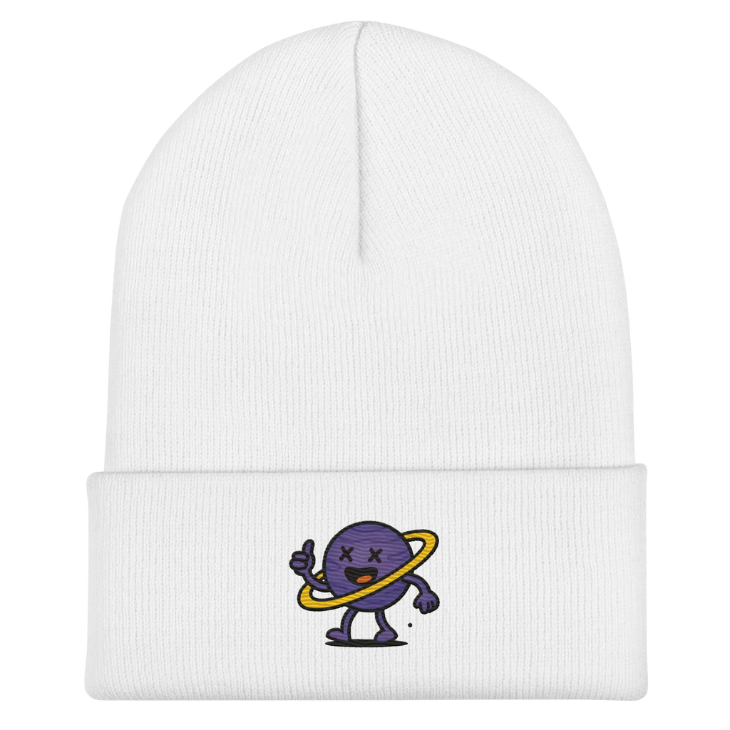 Gorro blanco Doozy Headwear con dibujo de planeta morado y aro amarillo en el frente