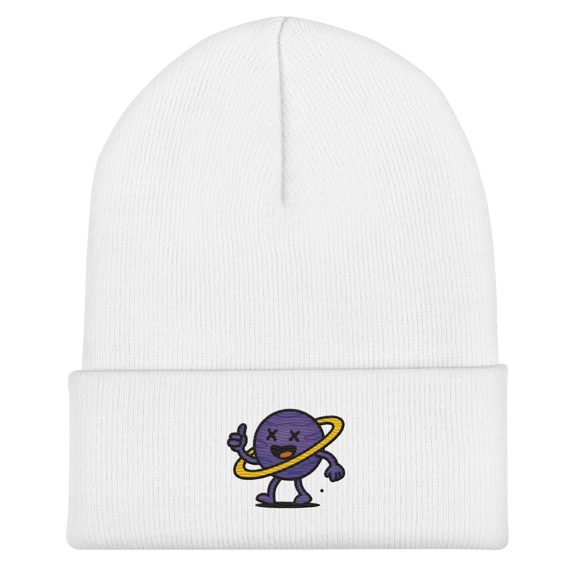 Gorro blanco Doozy Headwear con dibujo de planeta morado y aro amarillo en el frente