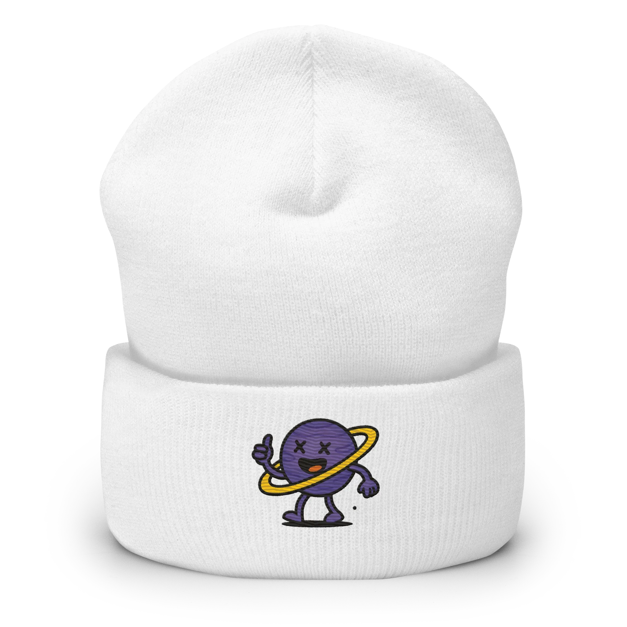Gorro blanco Doozy Headwear con dibujo de planeta morado y anillo amarillo, estilo urbano
