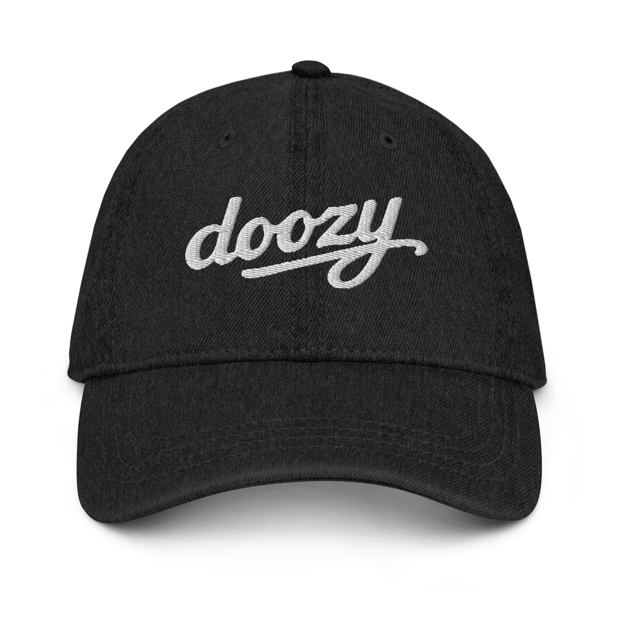 Gorra denim negra Doozy Headwear con logo bordado blanco, dOOzy brand original