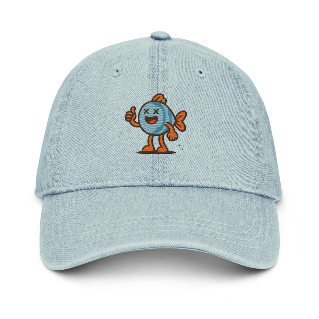 Gorra de mezclilla azul claro Doozy Headwear con dibujo de pez sonriente bordado al frente