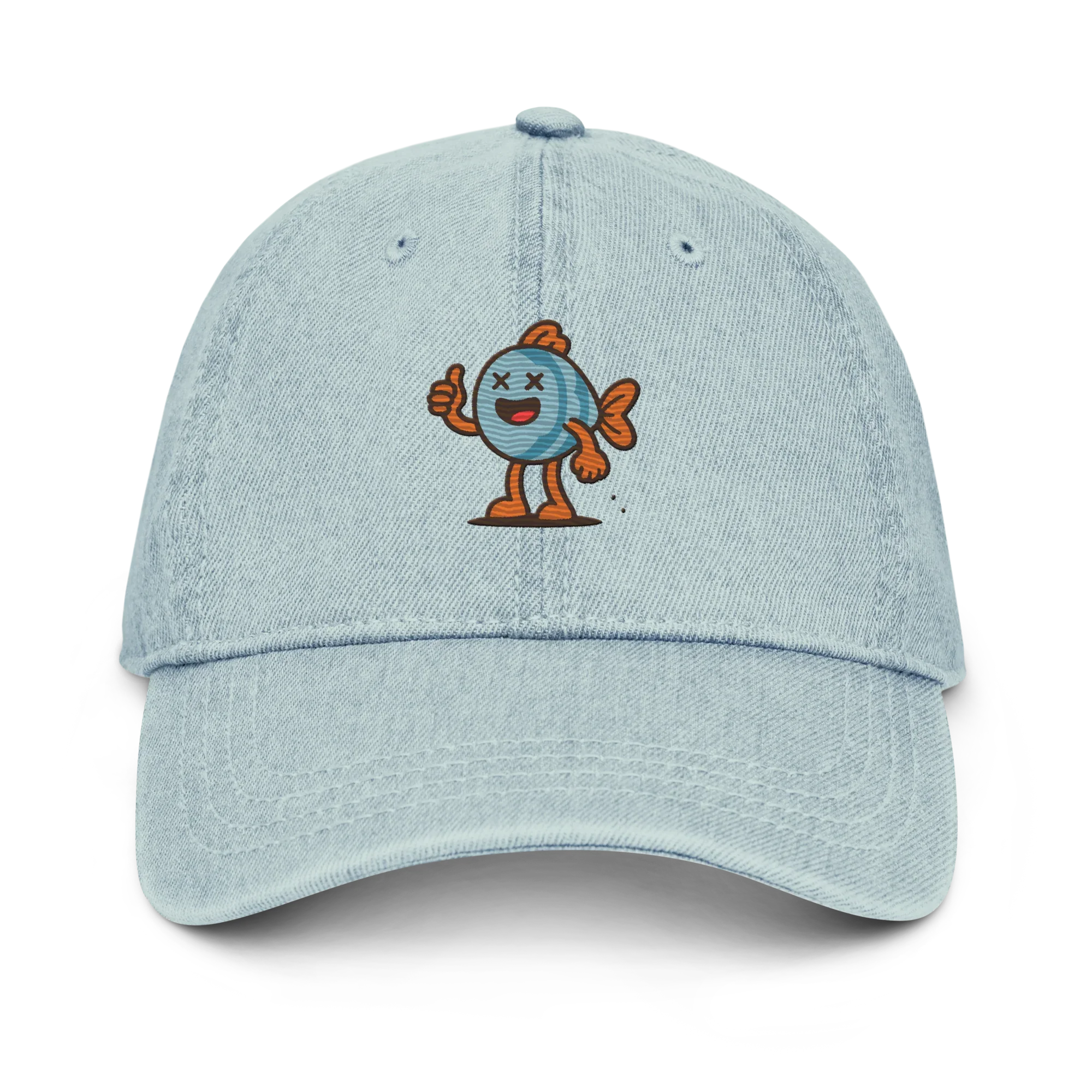 Gorra de mezclilla azul claro Doozy Headwear con dibujo de pez sonriente bordado al frente