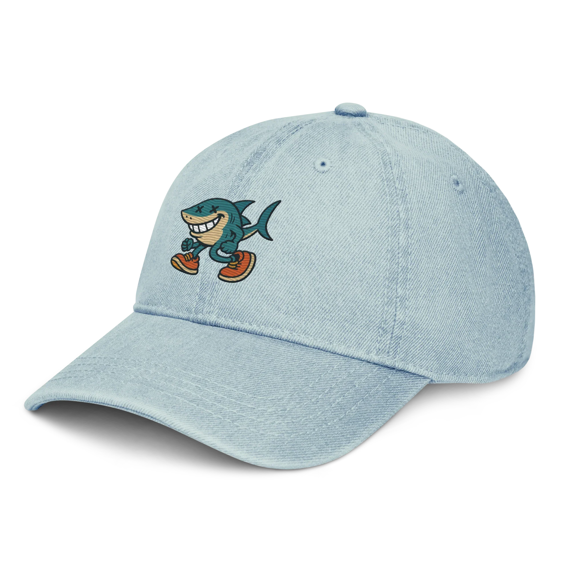 Gorra de mezclilla azul claro Doozy Headwear con tiburón animado bordado