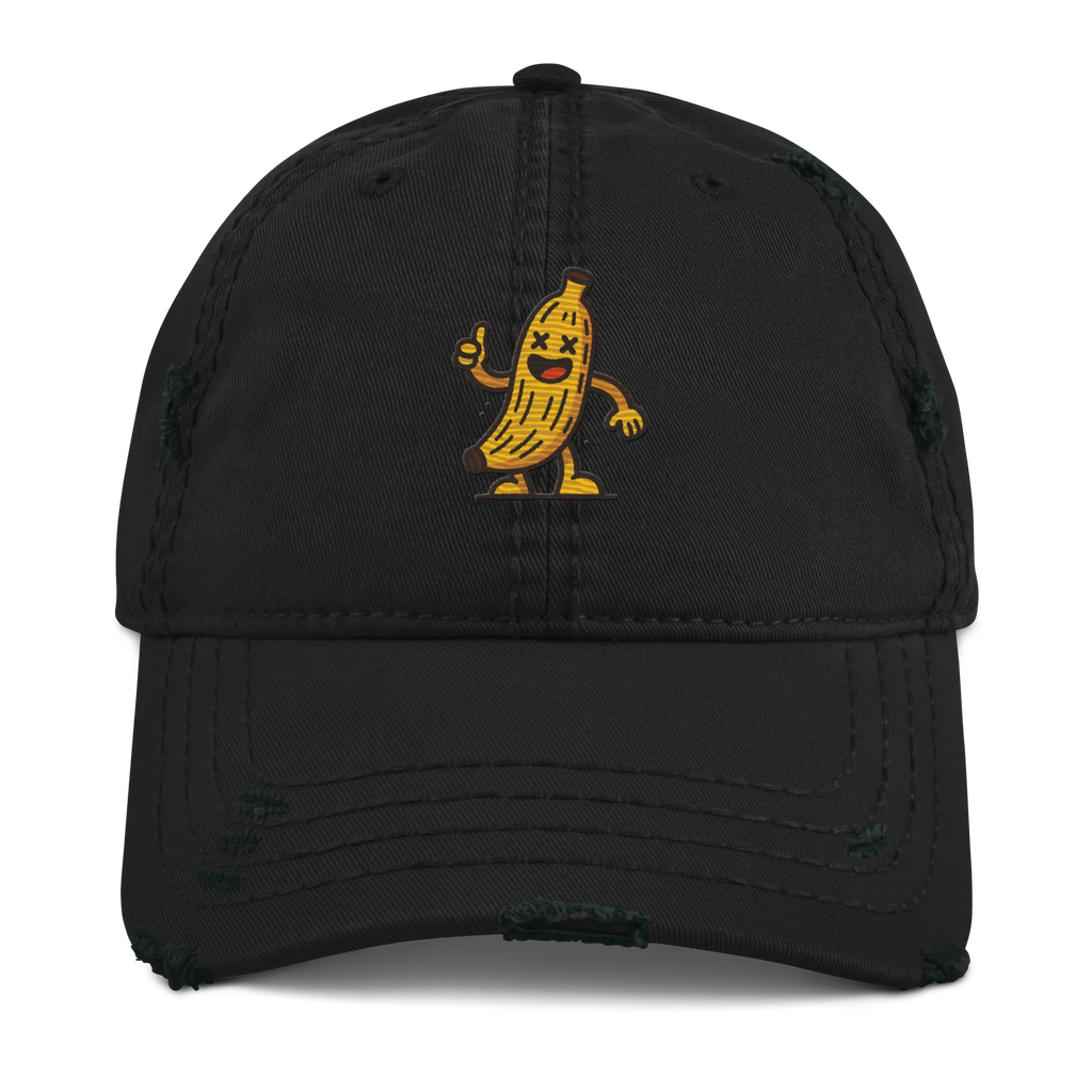 Gorra negra Doozy Headwear tipo distressed con dibujo de banana animada en el frente.