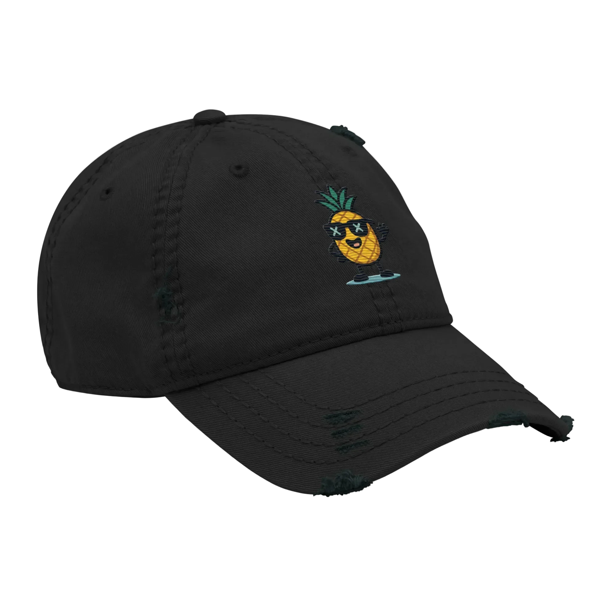 Gorra negra Doozy Headwear estilo vintage con piña bordada y detalles desgastados.