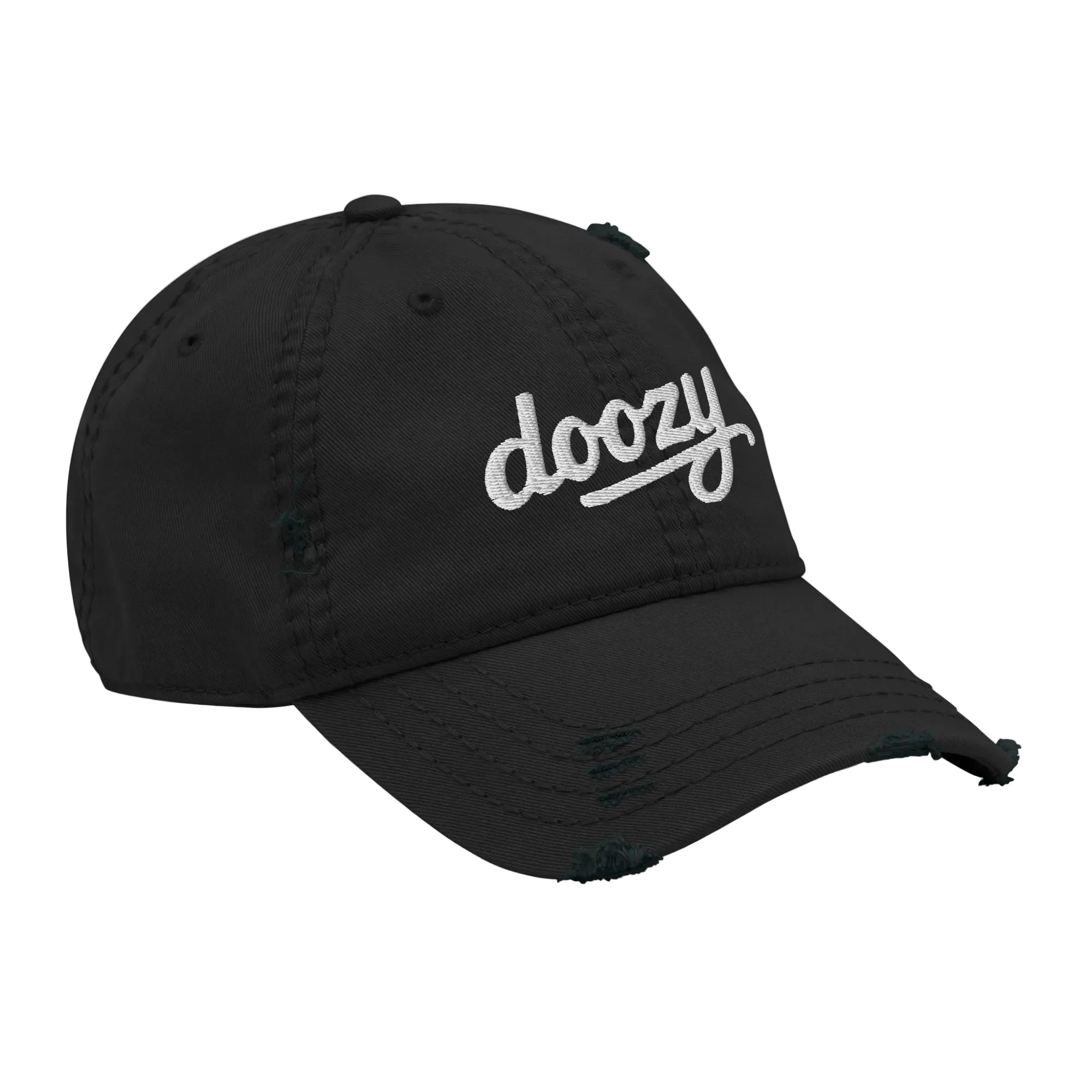 Gorra negra Doozy Headwear con logo bordado blanco y detalles desgastados, estilo urbano.