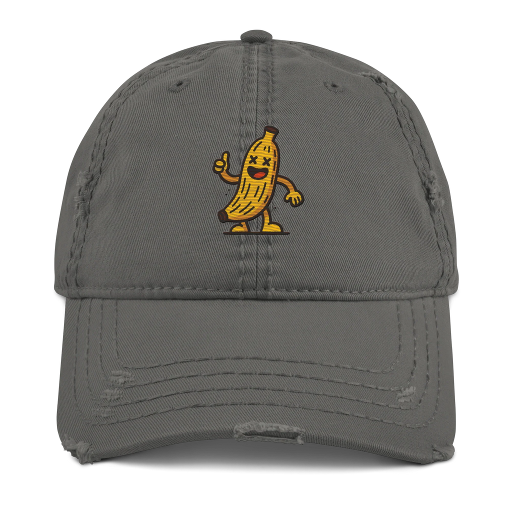 Gorra gris desgastada Doozy Headwear con dibujo de plátano animado bordado al frente