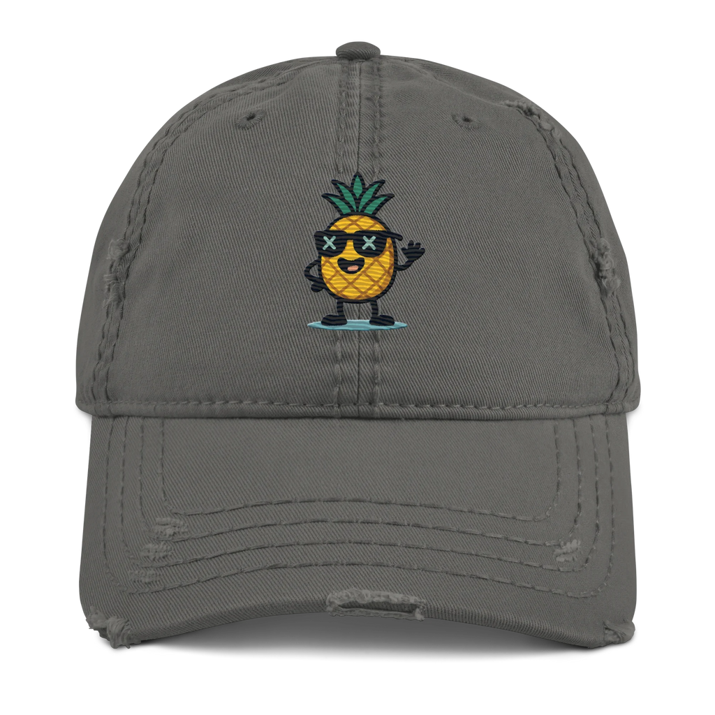 Gorra gris desgastada Doozy Headwear con piña animada y gafas negras en el frente