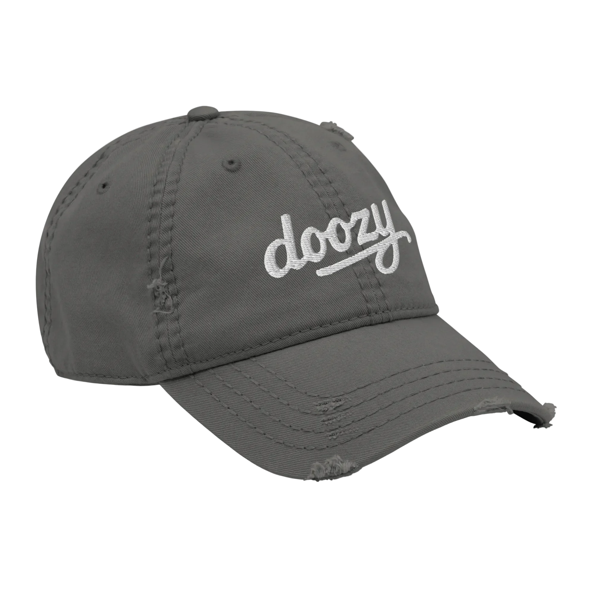 Gorra gris desgastada Doozy Headwear con logo bordado blanco, estilo urbano moderno