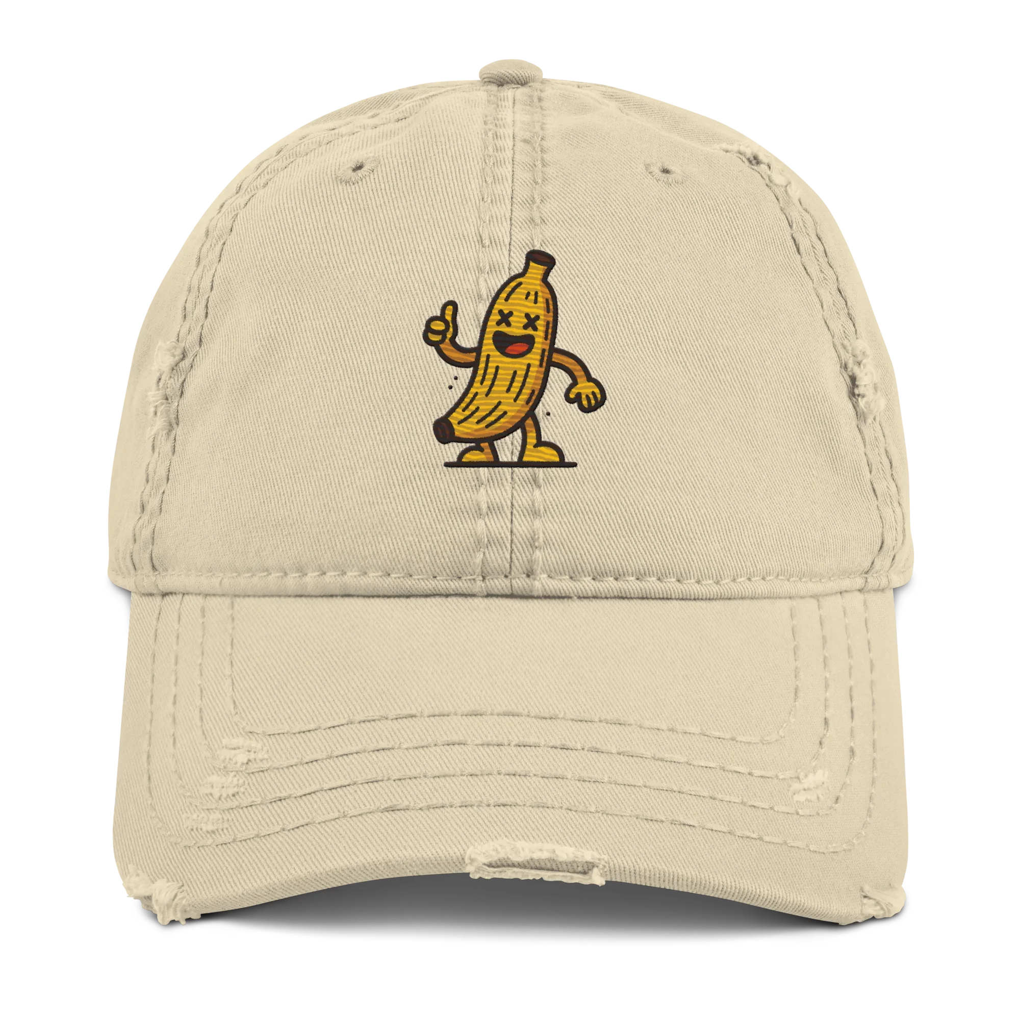 Gorra khaki dOOzy Headwear con diseño de plátano animado bordado y efecto desgastado