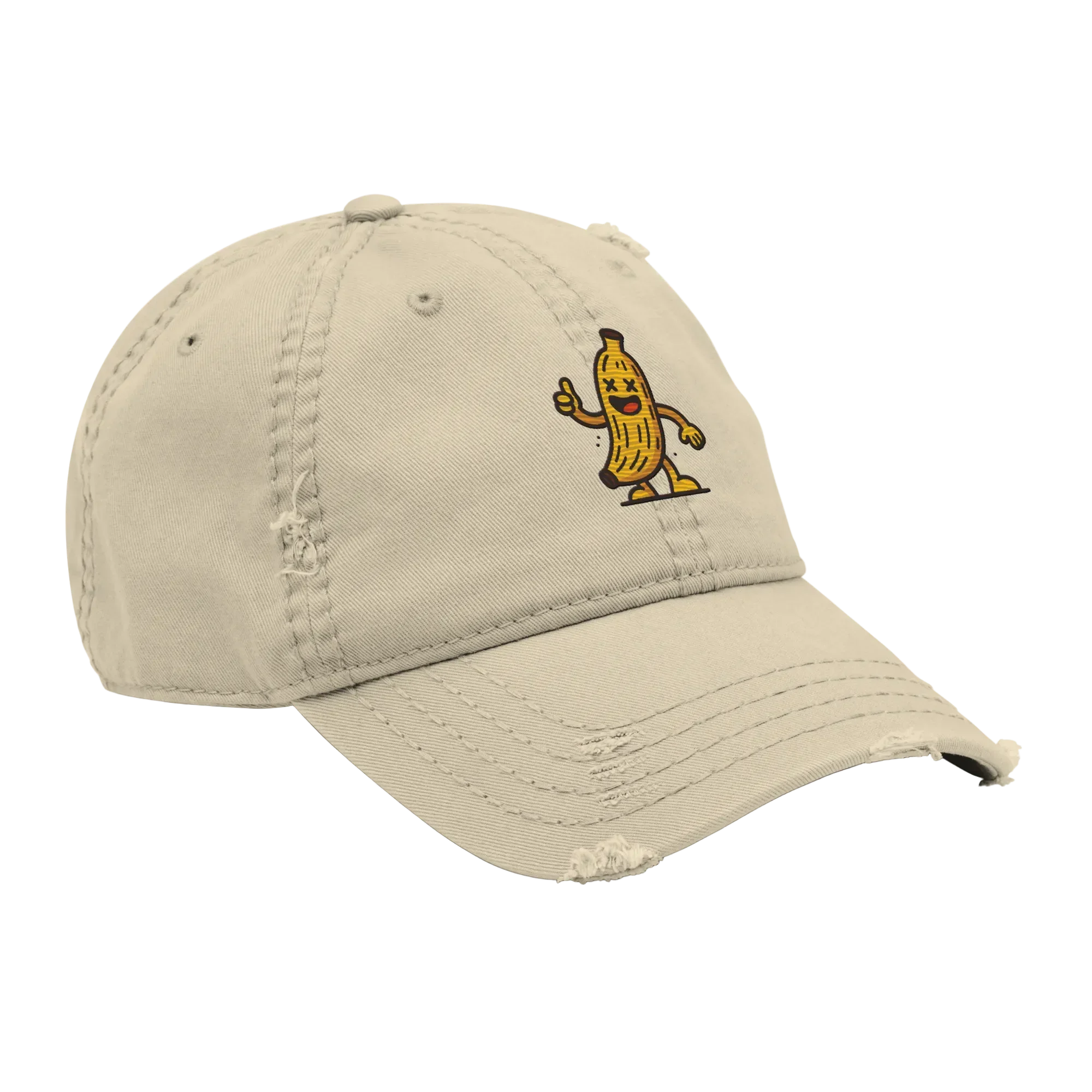 Gorra khaki Doozy Headwear estilo desgastado con dibujo de plátano animado en el frente