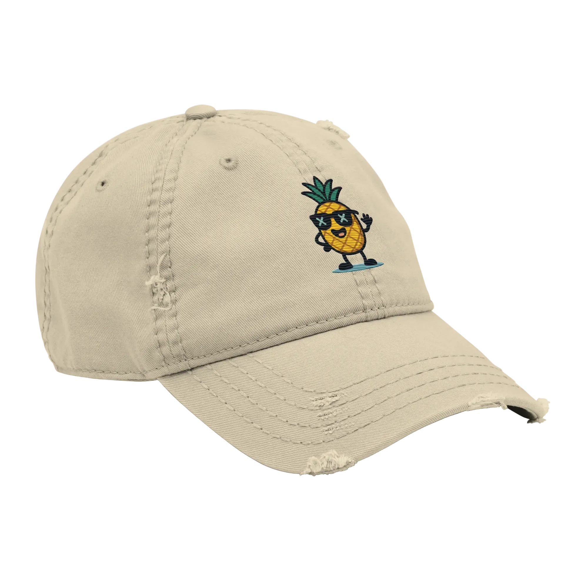 Gorra khaki Doozy Headwear estilo vintage con piña animada bordada al frente