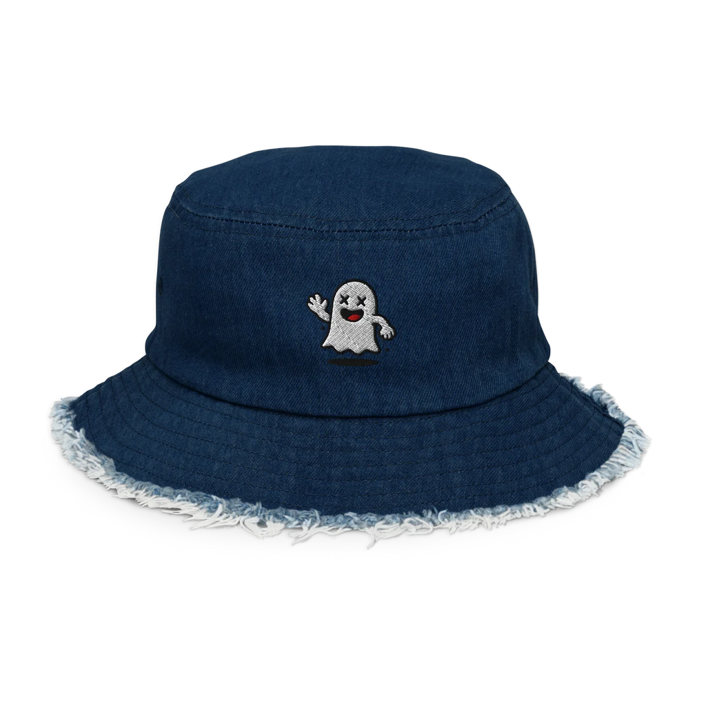 Sombrero pescador de mezclilla azul Doozy Headwear con borde deshilachado y parche de fantasma.