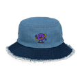 Sombrero bucket denim azul Doozy Headwear con borde deshilachado y logo púrpura bordado