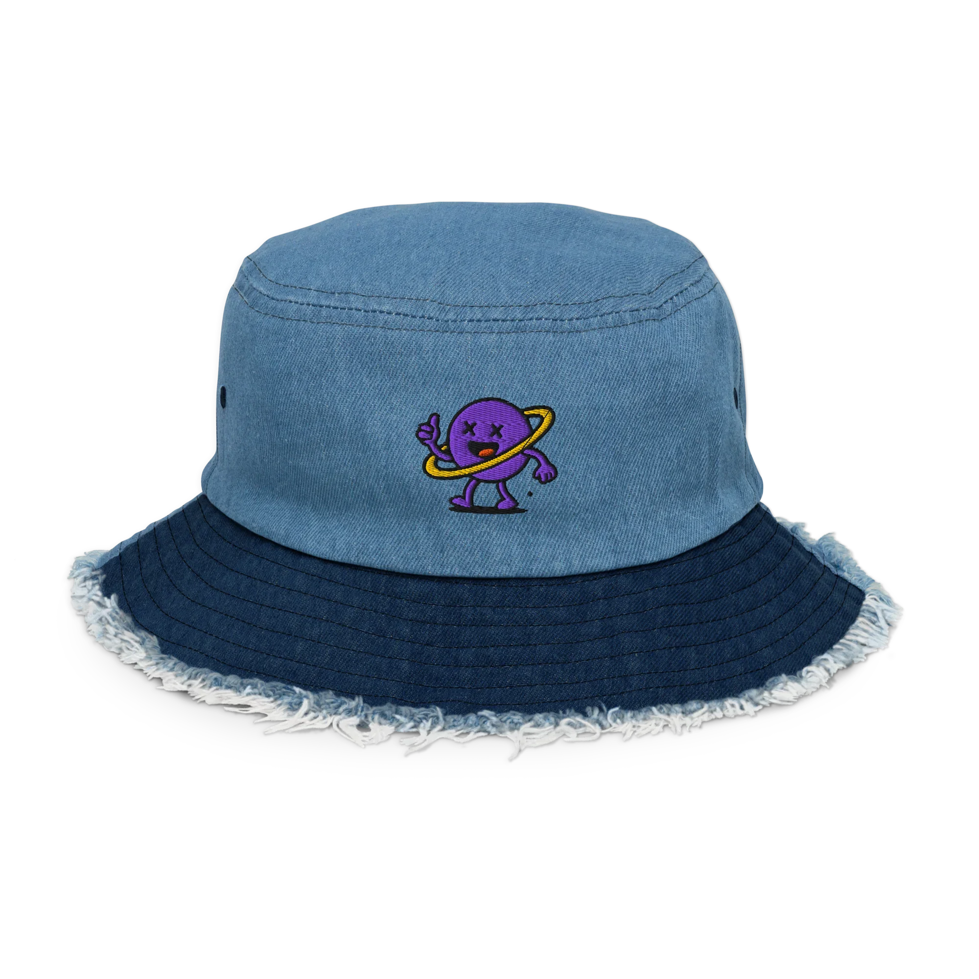 Sombrero bucket denim azul Doozy Headwear con borde deshilachado y logo púrpura bordado