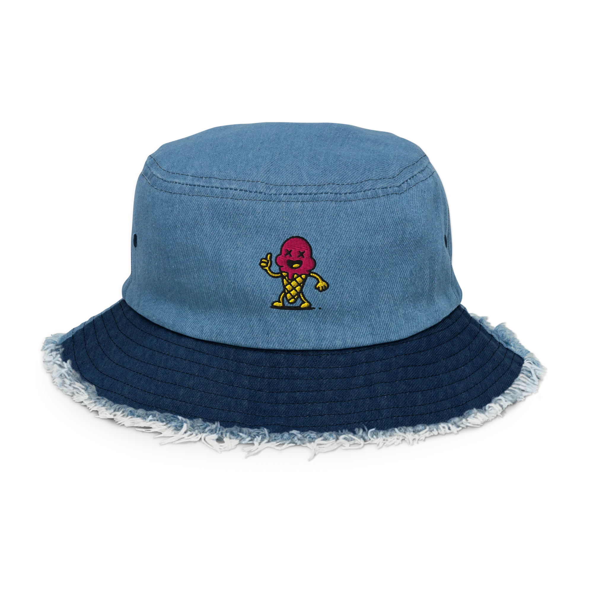 Sombrero bucket de mezclilla azul claro Doozy Headwear con borde desgastado y parche de helado animado