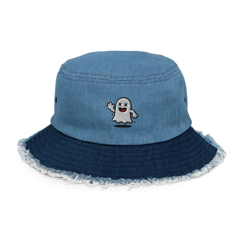 Sombrero bucket denim azul claro con fantasma bordado, borde desgastado, Doozy Headwear