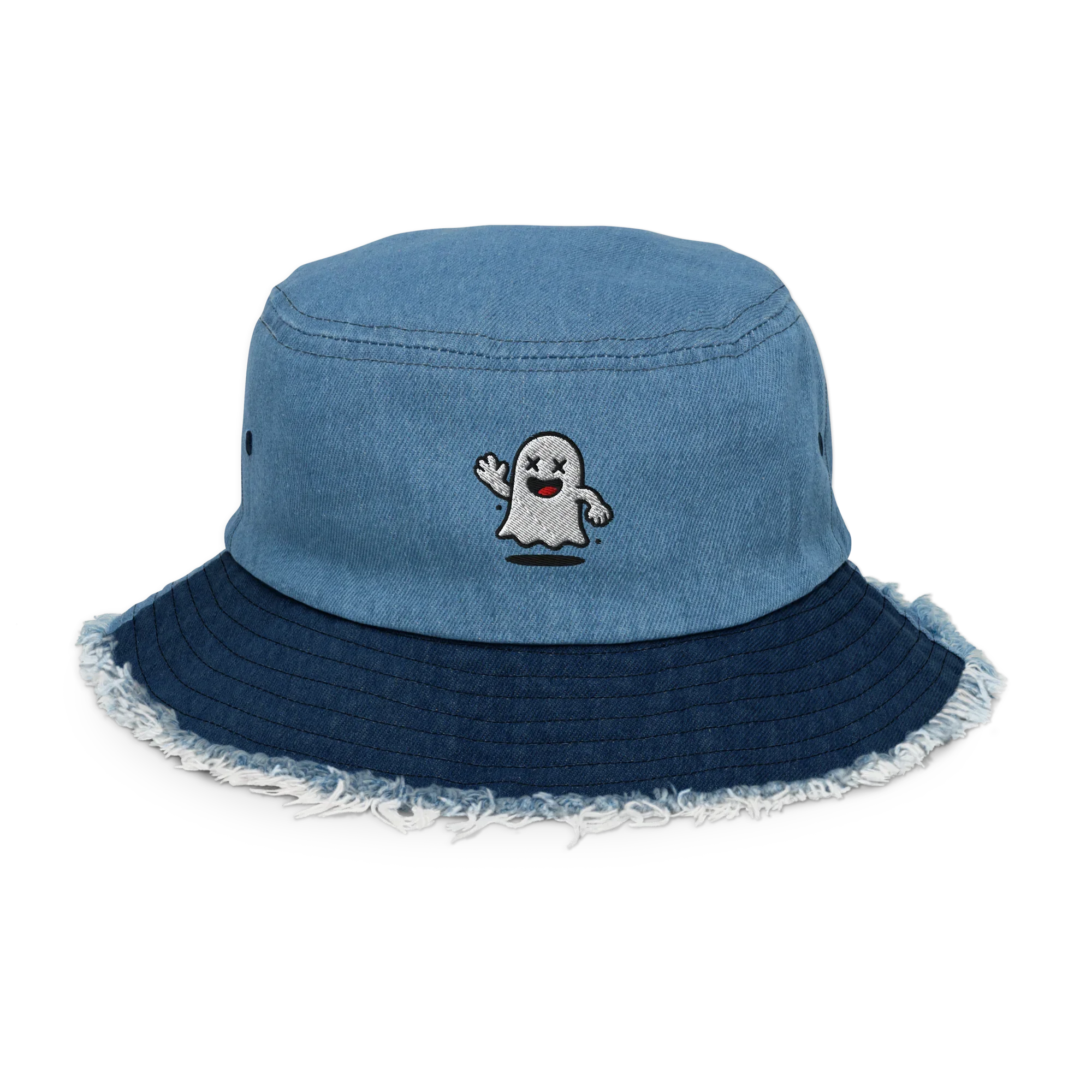 Sombrero bucket denim azul claro con fantasma bordado, borde desgastado, Doozy Headwear