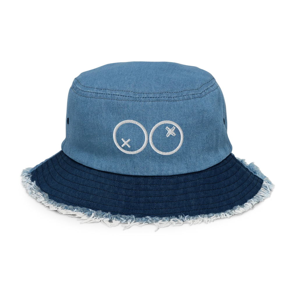 Sombrero bucket denim desgastado azul claro Doozy Headwear, borde deshilachado y logo bordado