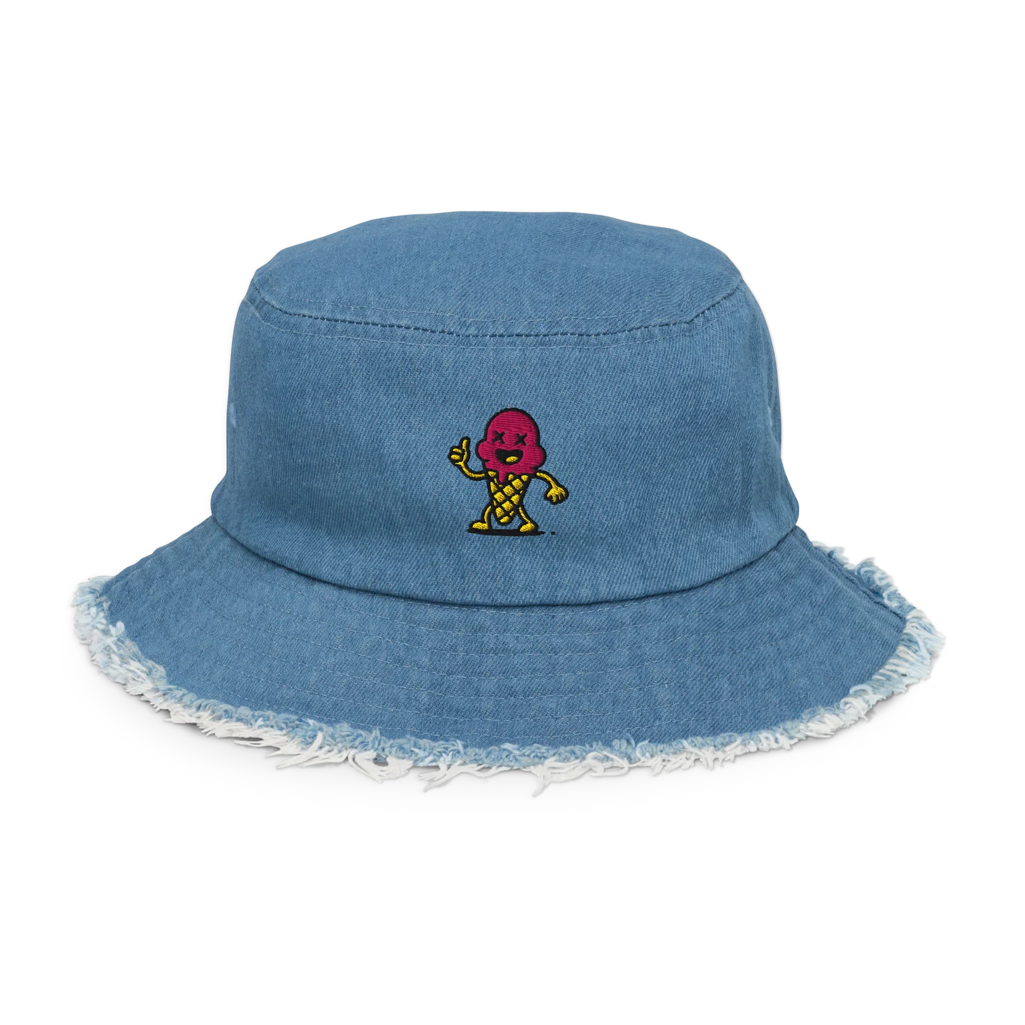 Sombrero bucket de mezclilla azul claro Doozy Headwear con borde desgastado y parche bordado de helado.