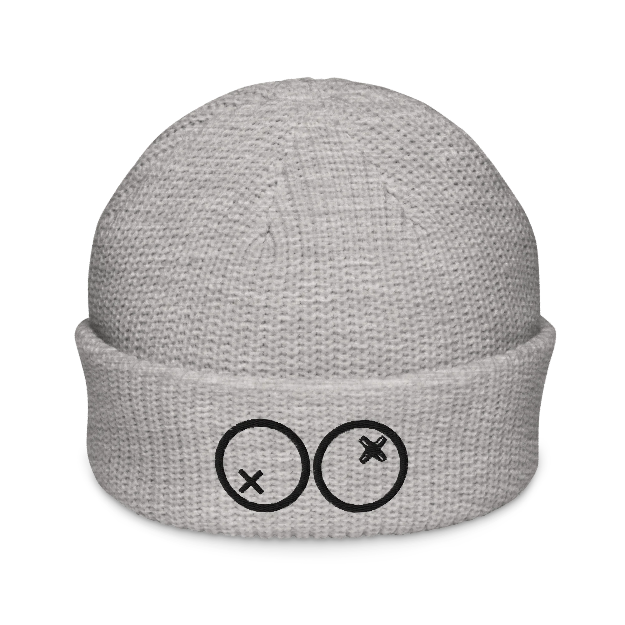 Gorro tipo fisherman gris claro Doozy Headwear con diseño de dos círculos y equis en el dobladillo.