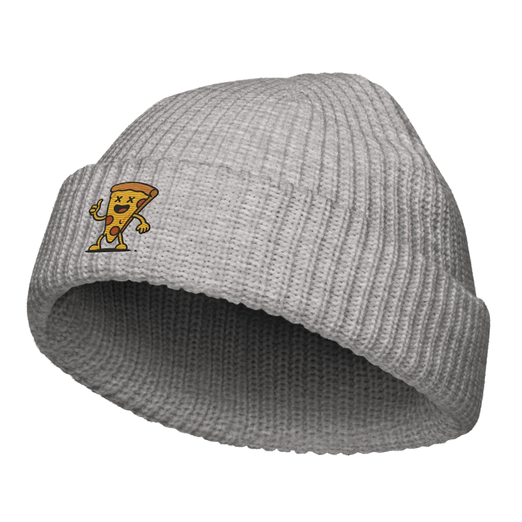 Gorro pescador gris claro Doozy Headwear con bordado de pizza animada en el frente