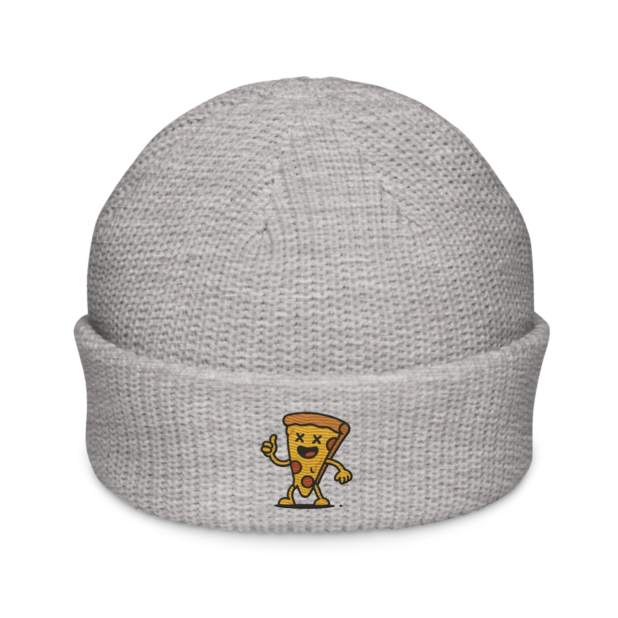 Gorro fisherman gris de Doozy Headwear con dibujo de porción de pizza animada en la parte frontal.