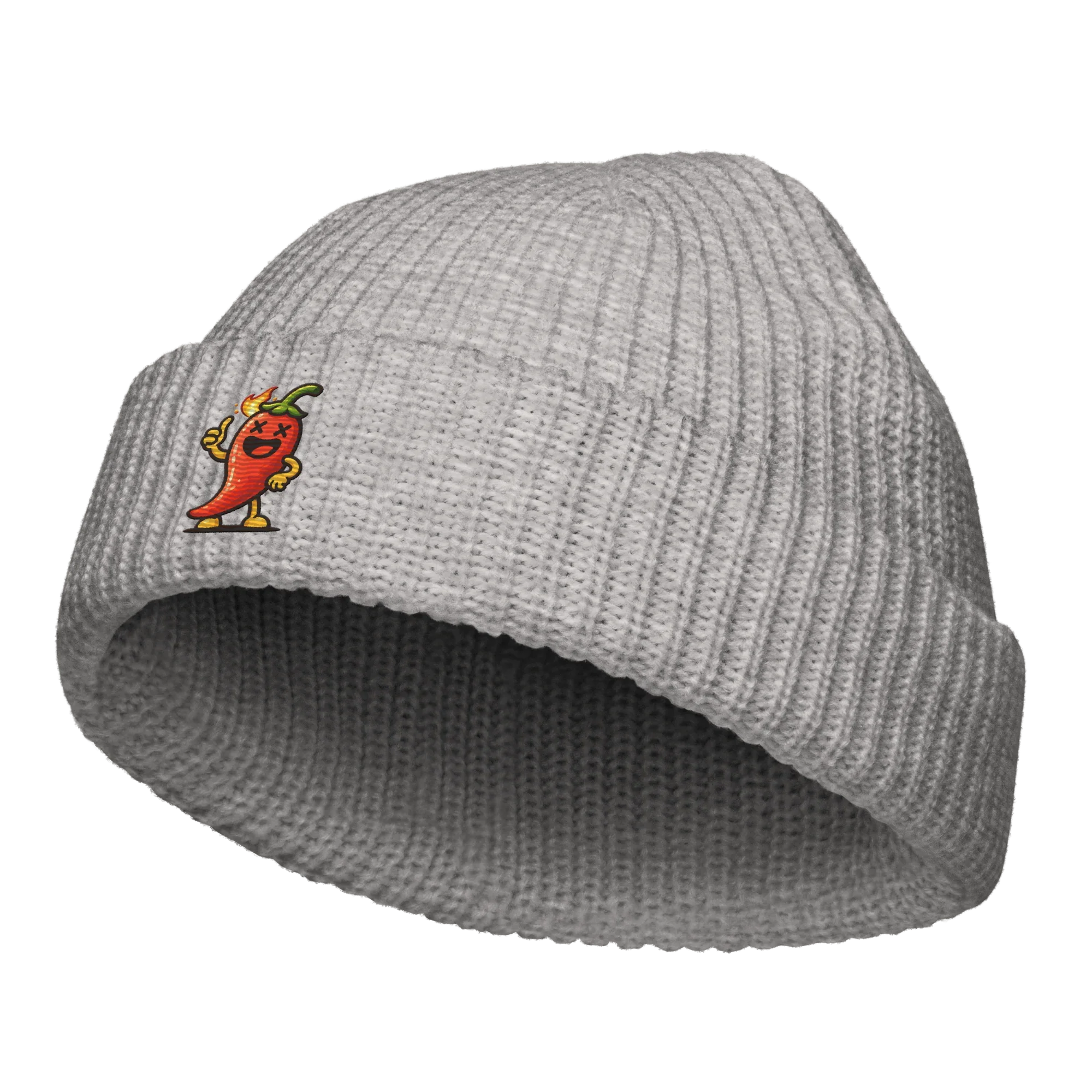 Gorro gris tejido Doozy Headwear con dibujo de chile animado bordado al frente