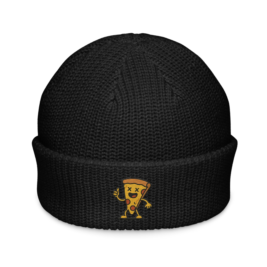 Gorro fisherman negro Doozy Headwear con bordado de pizza animada en el frente